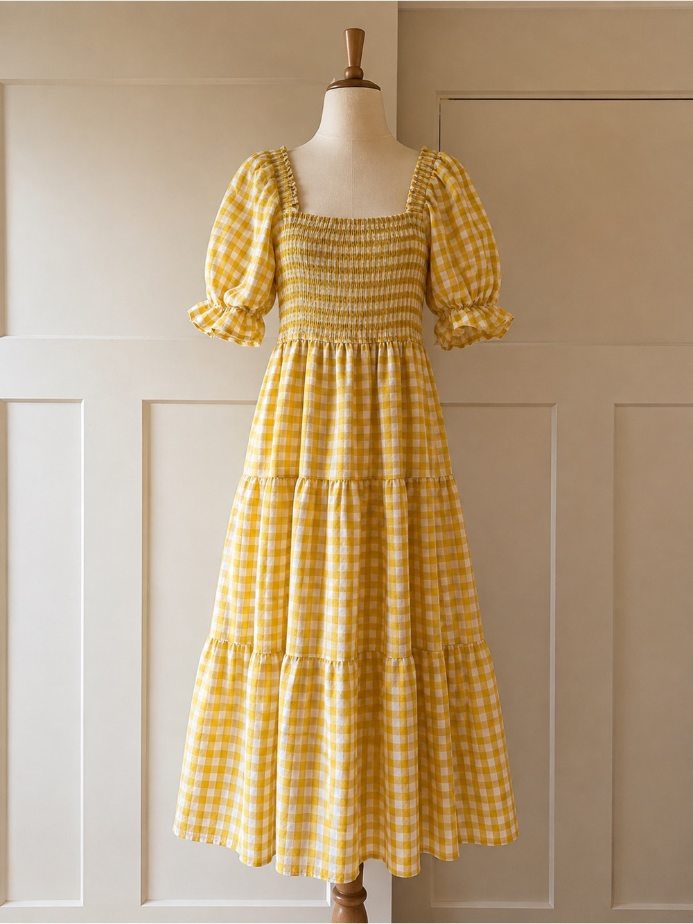Yellow Gingham Smocked Puff Sleeve Tiered Midi Dress